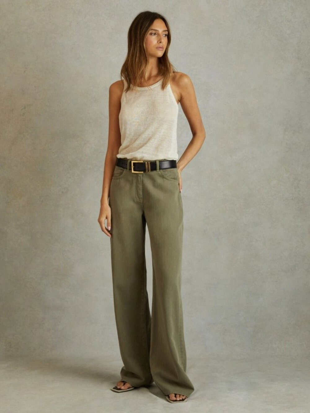 NEW REISS Women’s Colorado Garment-Dyed Wide-Leg Trousers – Khaki Green –Size 4R